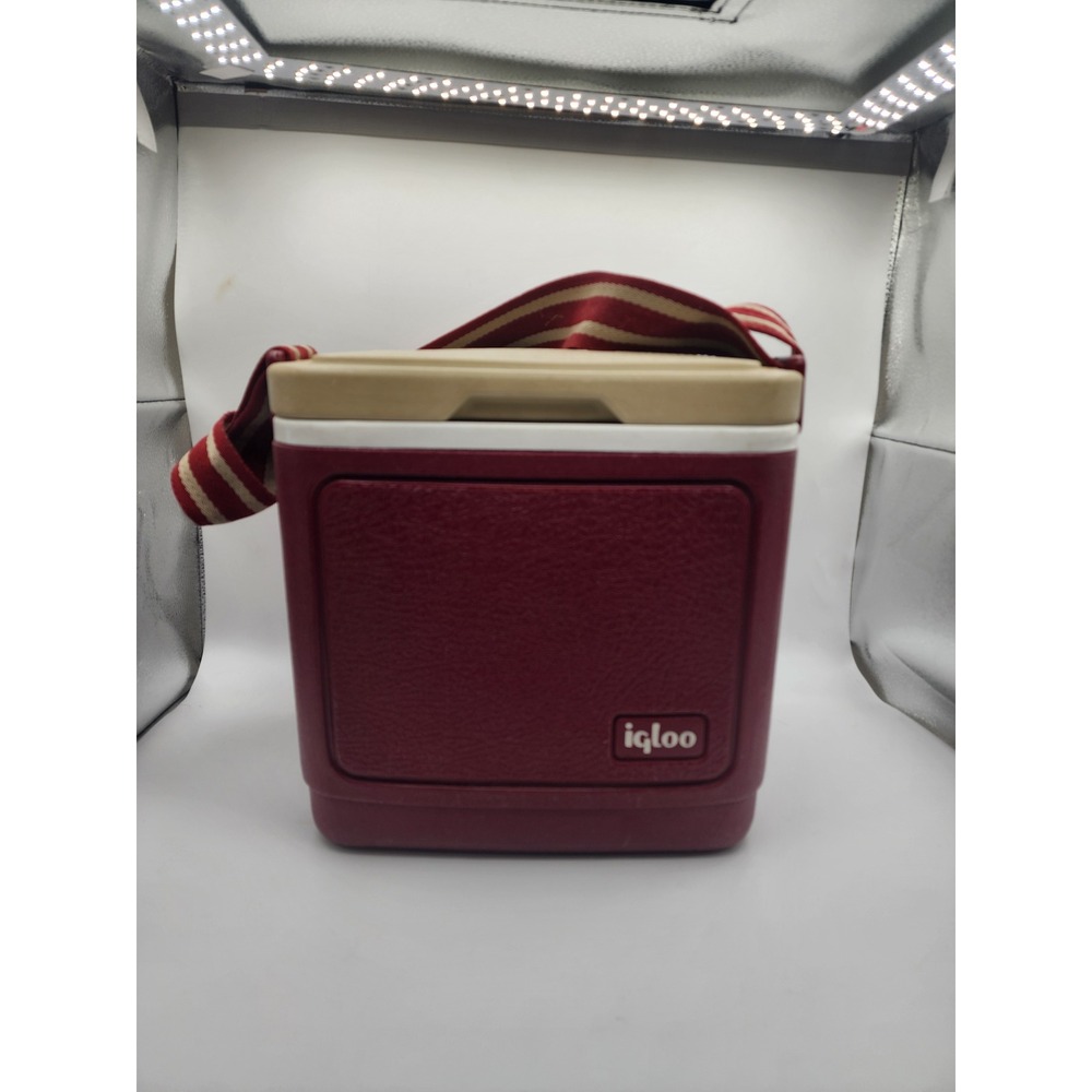 Vintage Igloo Tag-Along 8 Cooler Maroon Tan Striped Strap Retro Lunch Box